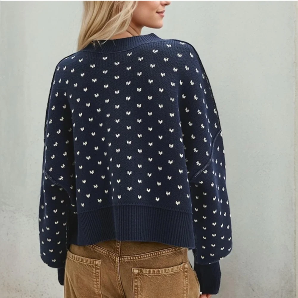 NWT Free People Easy Street Patterned Crop Pullover‎ Blue and White Sweater